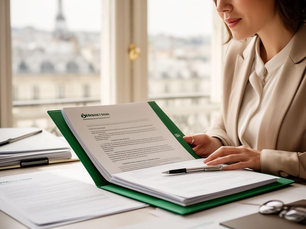 Avocat parisien relisant un dossier contractuel dans un bureau lumineux avec vue discrète sur la ville