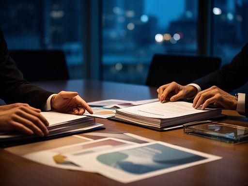 International arbitration counsel discussing treaty documents in a quiet conference room with city light in the background