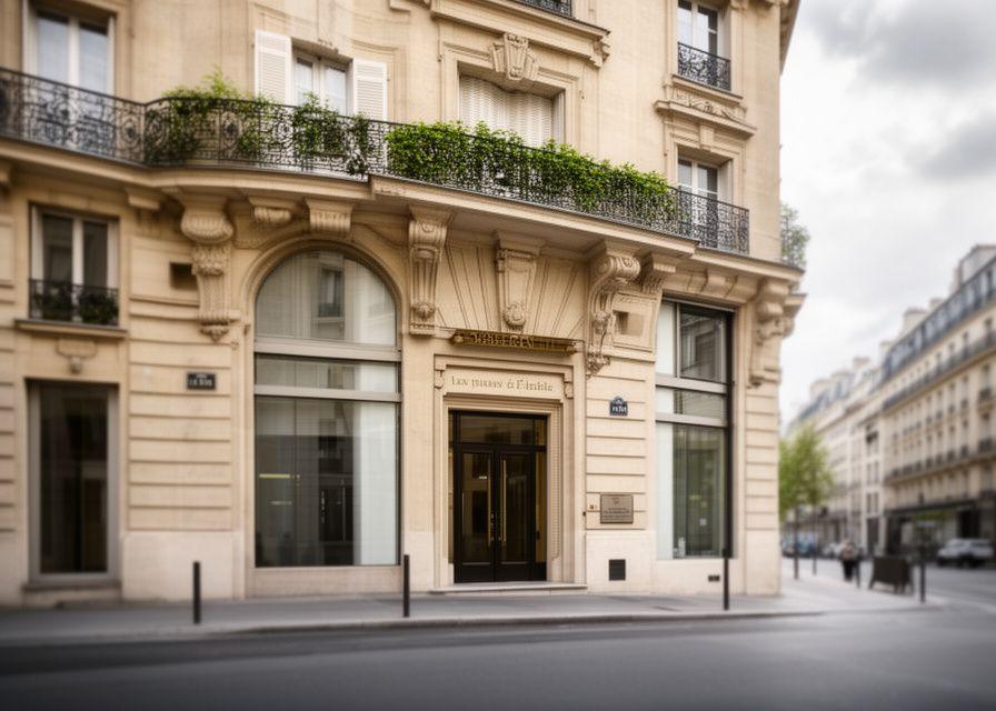 Façade élégante d’un cabinet d’avocats parisien avec lumière douce sur une rue calme du 14e arrondissement