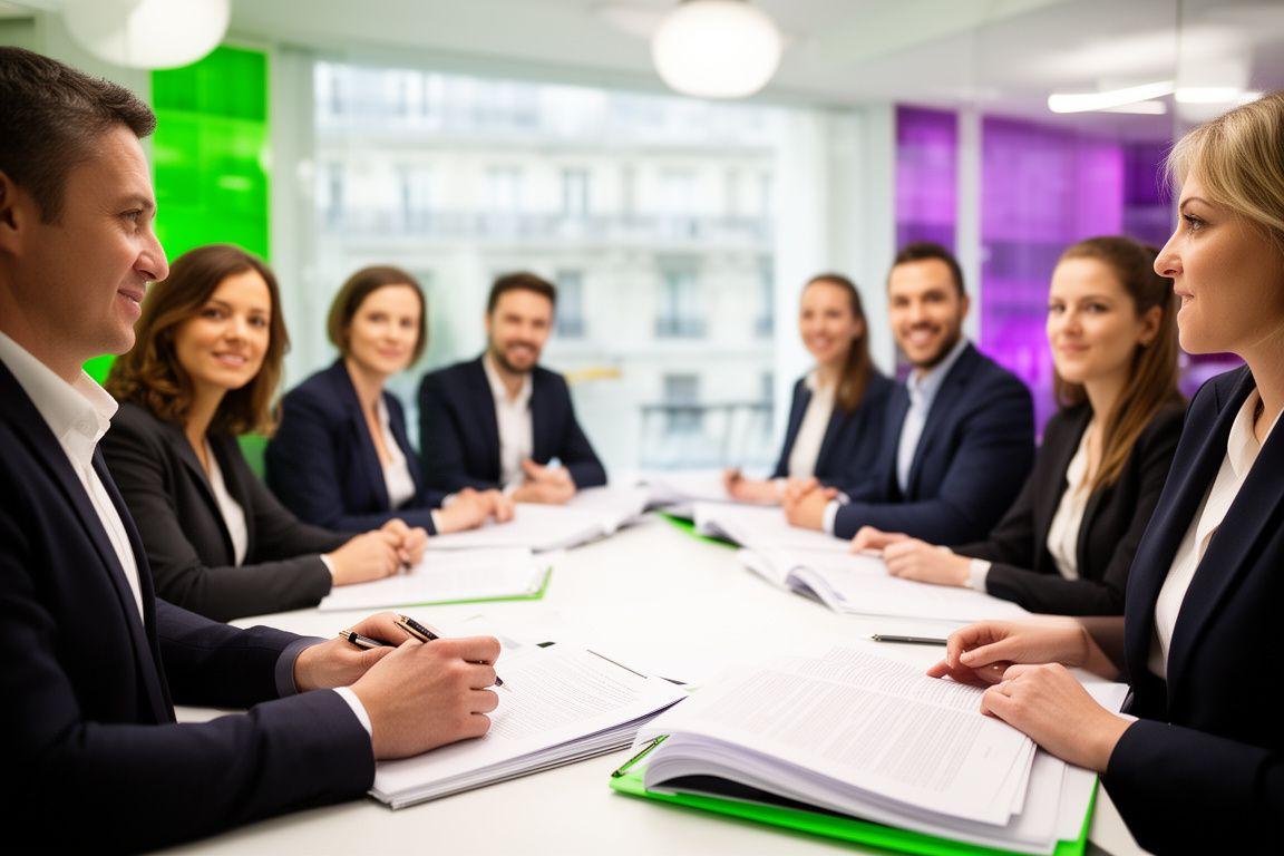 Équipe d'avocats réunie autour d'une table lumineuse dans un cabinet parisien, dossiers ouverts et ambiance collaborative