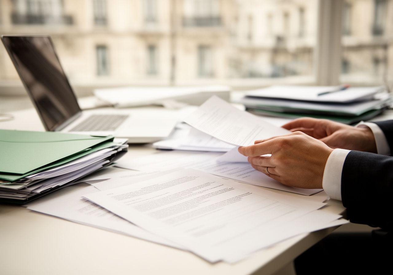 Avocate examinant des documents juridiques dans un bureau parisien lumineux avec dossiers classés et ordinateur portable