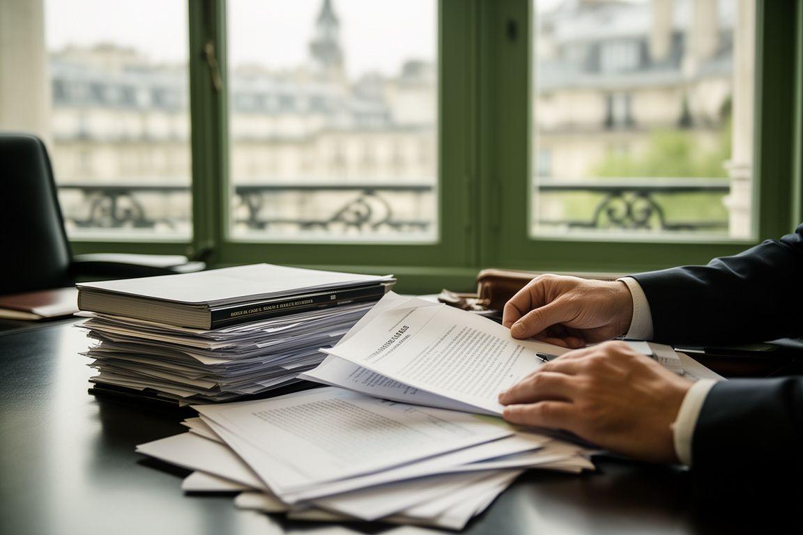 Lawyer reviewing a printed case brief beside a Paris office window, with notes and legal journals on the desk