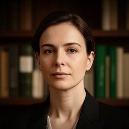 Maître Martin en portrait, assise près d'une bibliothèque de droit, atmosphère élégante et concentrée